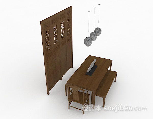 设计本中式木质书桌椅3d模型下载