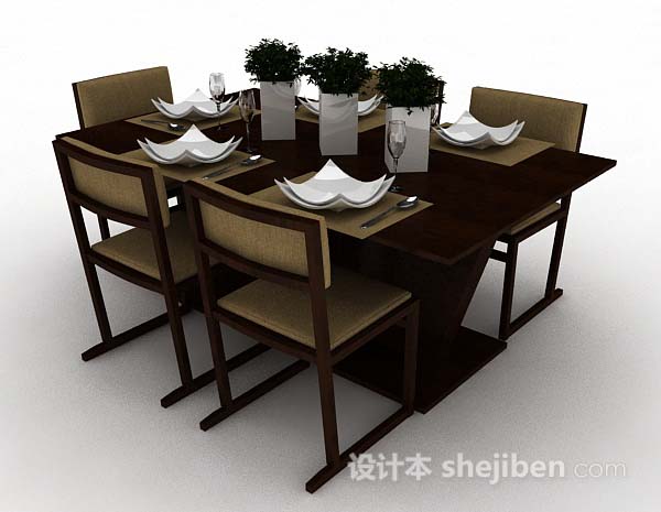 免费棕色木质简单餐桌椅3d模型下载