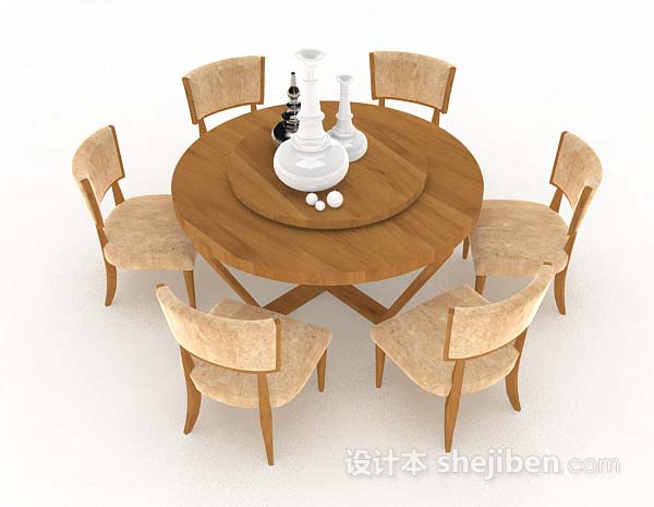 黄棕色圆形餐桌椅3d模型下载