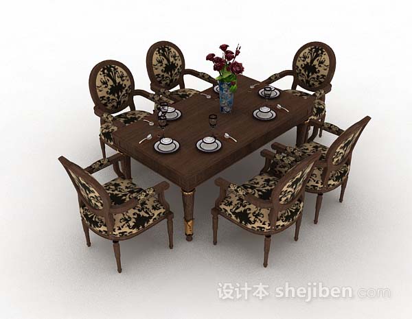 免费花纹棕色木质餐桌椅3d模型下载