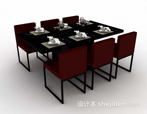 红色简约餐桌椅3d模型下载