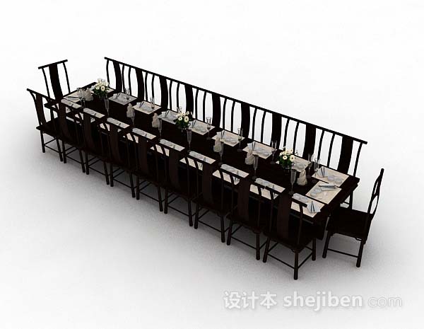 免费新中式木质长方形餐桌椅3d模型下载