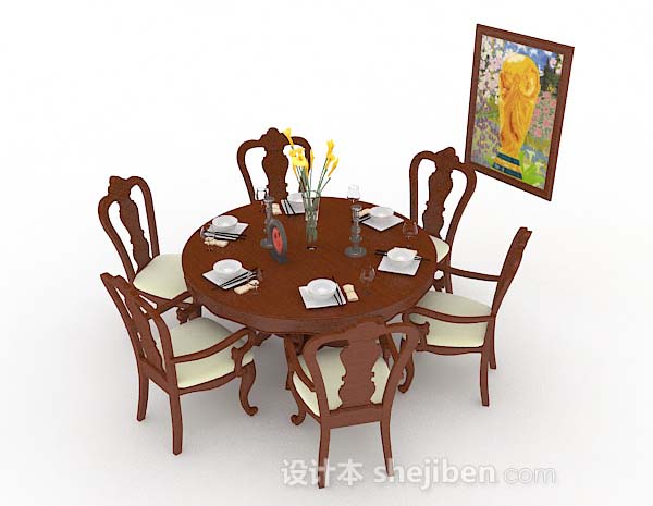 免费圆形棕色木质餐桌椅3d模型下载