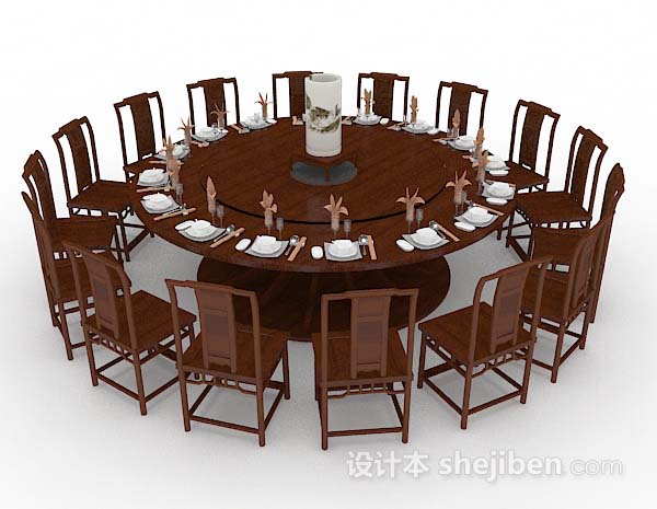 免费中式圆形餐桌椅3d模型下载