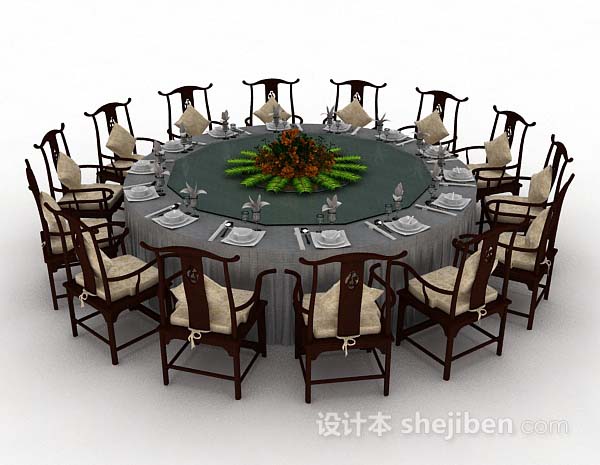 免费中式木质圆形餐桌椅3d模型下载