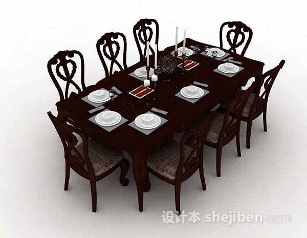 新中式棕色木质餐桌椅3d模型下载