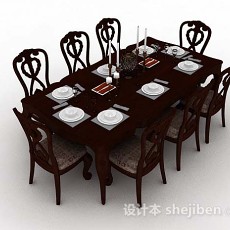 新中式棕色木质餐桌椅3d模型下载