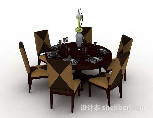 设计本棕色圆形餐桌椅3d模型下载