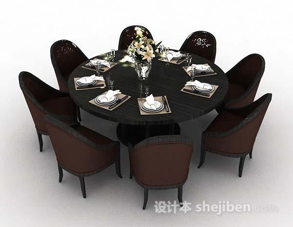 免费深棕色圆形餐桌椅3d模型下载