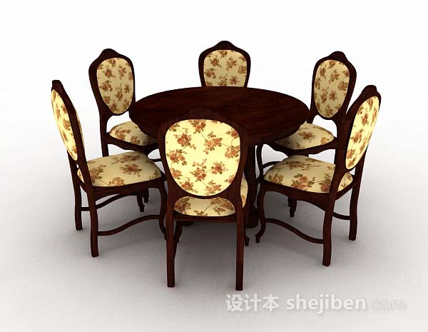 免费棕色木质圆餐桌椅3d模型下载