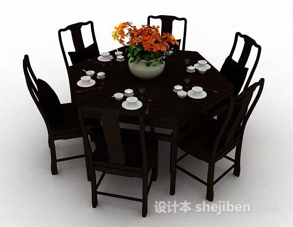 免费中式木质餐桌椅3d模型下载
