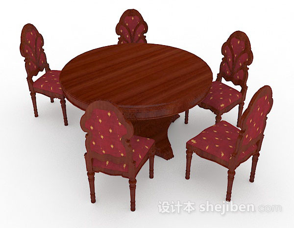 欧式风格欧式复古红棕色桌椅组合3d模型下载