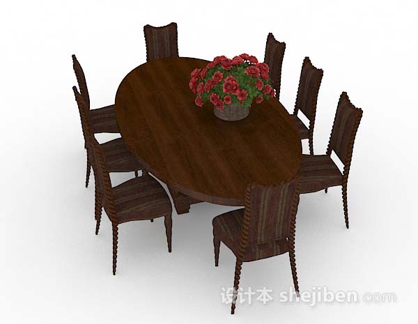 设计本椭圆形棕色木质餐桌椅3d模型下载