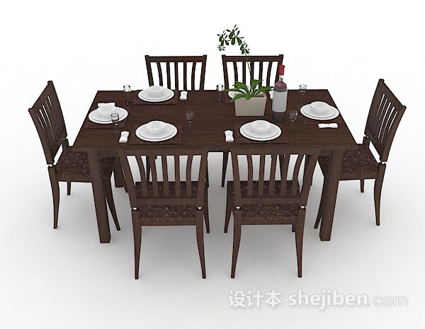 设计本木质棕色餐桌椅组合3d模型下载