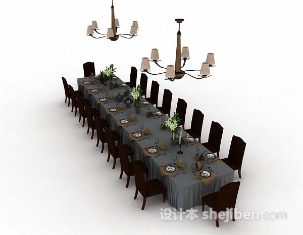 设计本长方形棕色餐桌椅3d模型下载