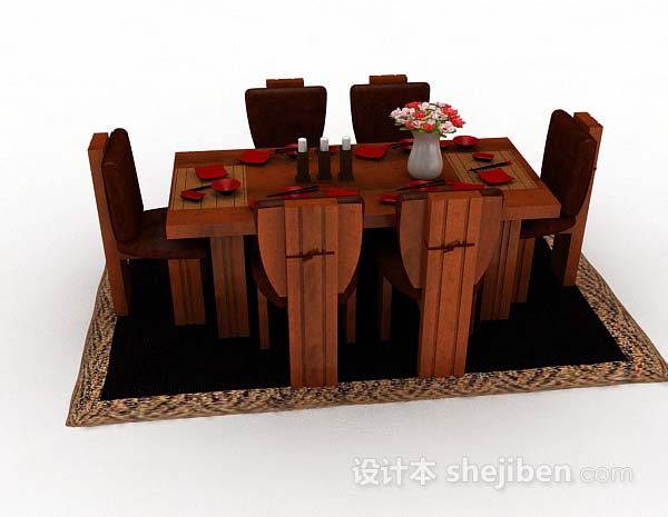 设计本日式棕色木质餐桌椅3d模型下载