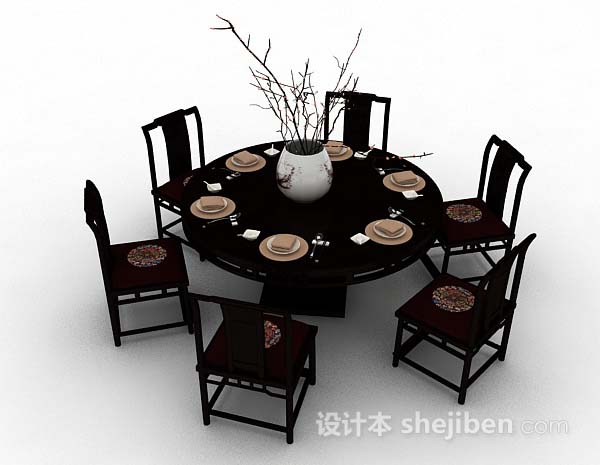 免费中式圆形木质餐桌椅3d模型下载