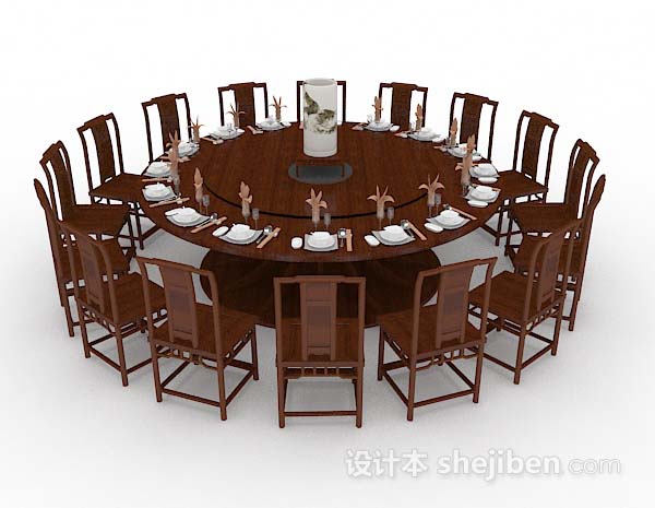 中式风格中式圆形餐桌椅3d模型下载