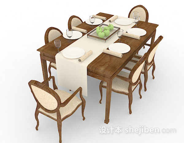 设计本欧式木质餐桌椅组合3d模型下载