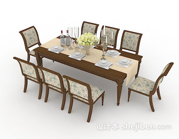 设计本欧式田园木质餐桌椅3d模型下载