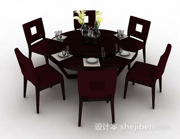 现代风格圆形木质餐桌椅3d模型下载