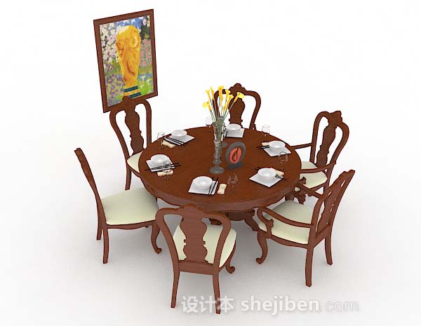 圆形棕色木质餐桌椅