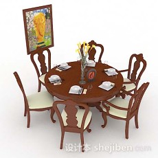 圆形棕色木质餐桌椅3d模型下载