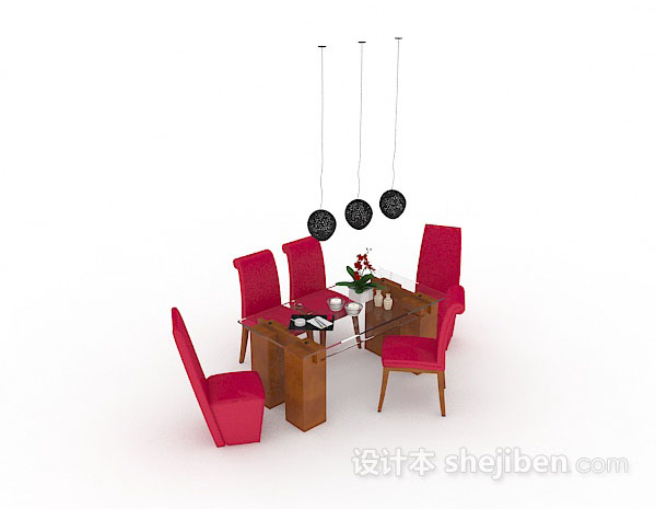 现代风格枚红色餐桌椅3d模型下载