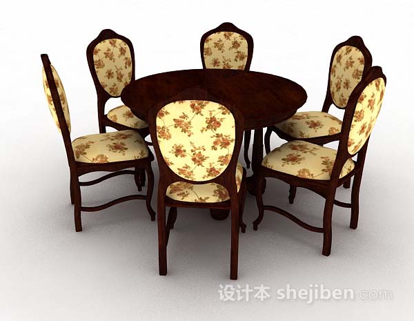 棕色木质圆餐桌椅3d模型下载