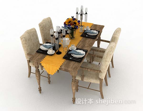 设计本欧式木质棕色餐桌椅3d模型下载