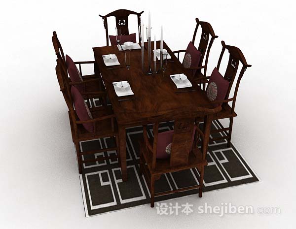 设计本中式棕色木质餐桌椅3d模型下载