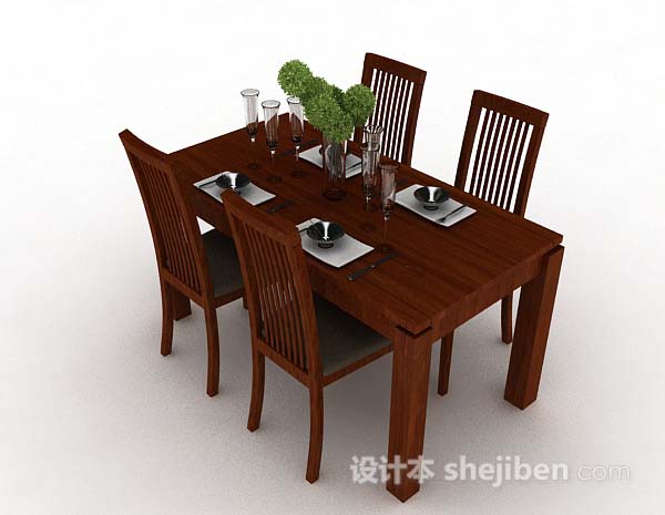 免费田园棕色木质餐桌椅3d模型下载
