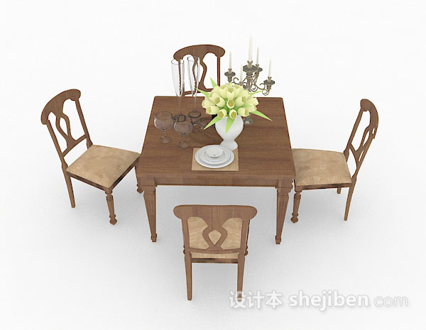 免费田园木质棕色餐桌椅3d模型下载
