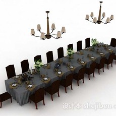 长方形棕色餐桌椅3d模型下载