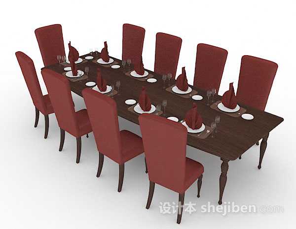 免费红色木质餐桌椅3d模型下载