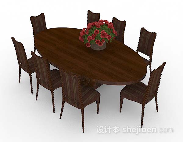 免费椭圆形棕色木质餐桌椅3d模型下载