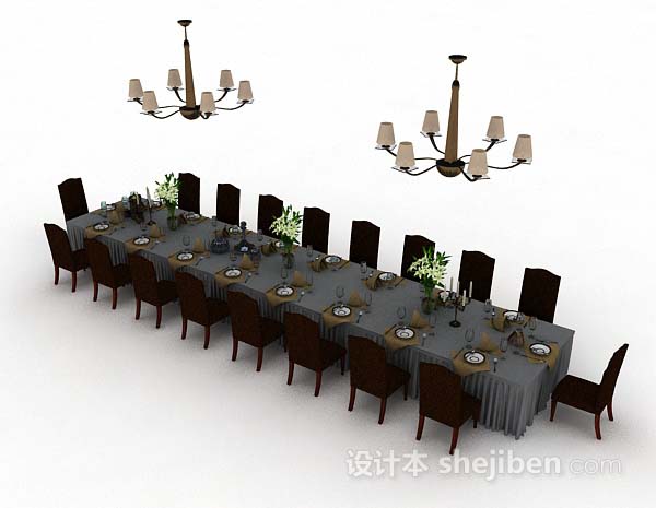 免费长方形棕色餐桌椅3d模型下载
