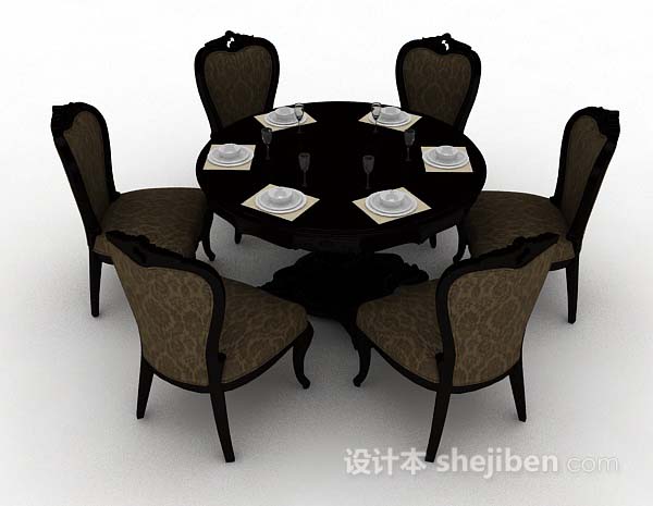 设计本欧式深棕色木质餐桌椅3d模型下载