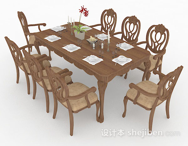 田园风格田园木质棕色餐桌椅3d模型下载