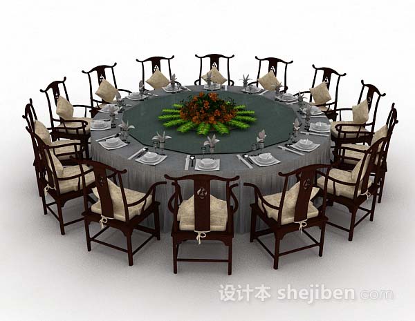 中式木质圆形餐桌椅3d模型下载