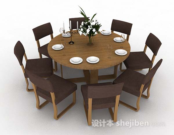 免费棕色木质圆形餐桌椅3d模型下载