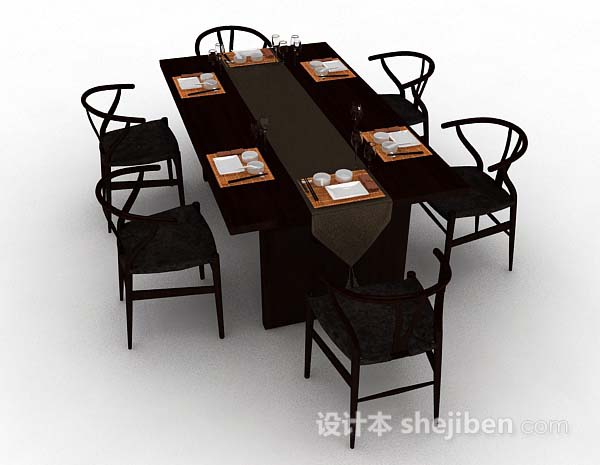 免费中式木质棕色餐桌椅3d模型下载