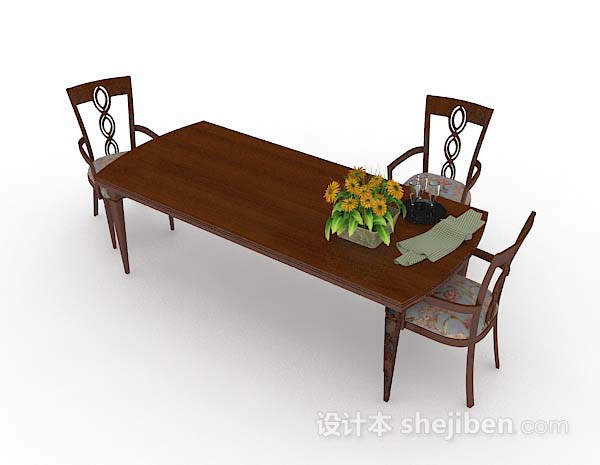 免费复古木质棕色餐桌椅3d模型下载