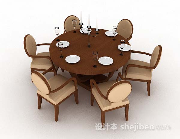 现代风格棕色木质圆餐桌椅3d模型下载