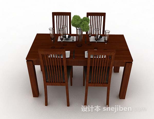 田园风格田园棕色木质餐桌椅3d模型下载