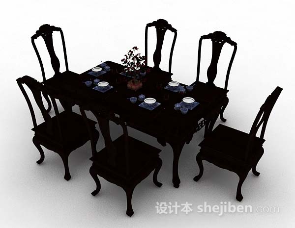 免费中式木质餐桌椅3d模型下载