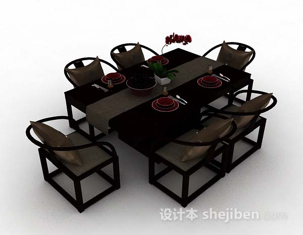 新中式棕色木质餐桌椅