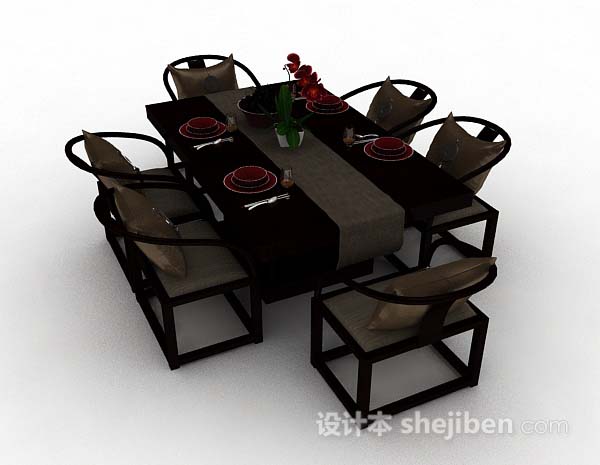 免费新中式棕色木质餐桌椅3d模型下载