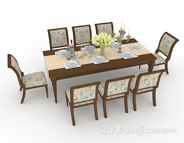 免费欧式田园木质餐桌椅3d模型下载