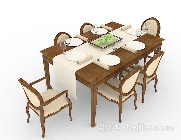 欧式木质餐桌椅组合3d模型下载